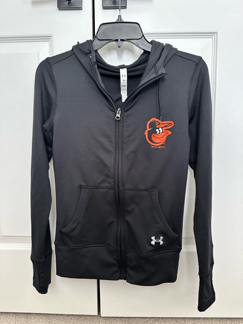 Under Armour Black Zip Hoodie Orange Orioles Logo Baltimore Sleeve Small